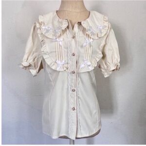 Vintage Cream Ruffled Blouse with Bow Details